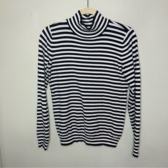 Calvin Klein Black and White Striped Turtleneck Sweater Size Small - Picture 1 of 5